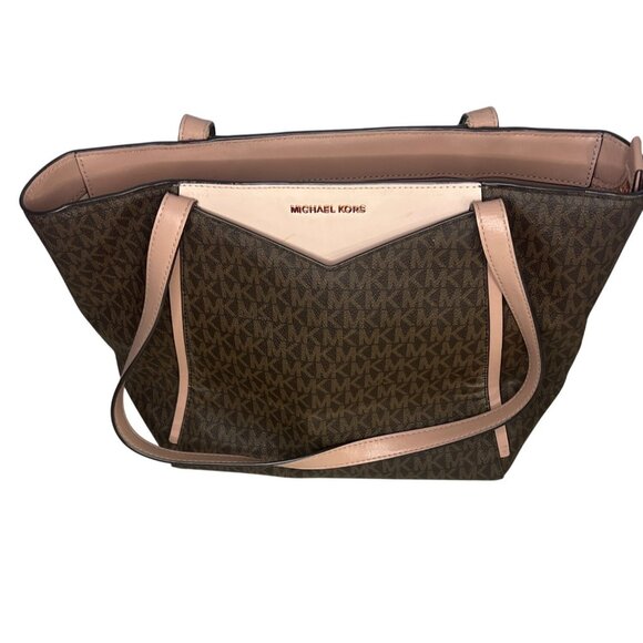 Michael Kors Tote Bag Brown Logo Print Leather Trim Style 30T8TN1T1B Authenticat - Picture 12 of 16